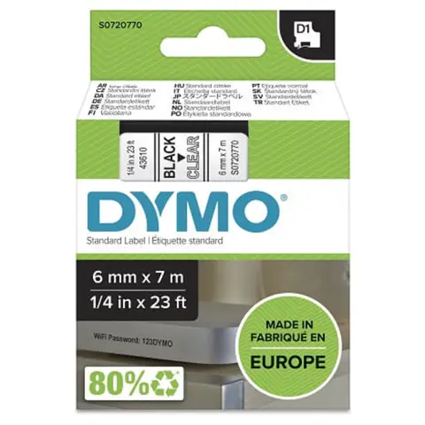 Dymo taĹ›ma do drukarek etykiet, D1 43610 | 6mm x 7m | czarny / przezroczysty
